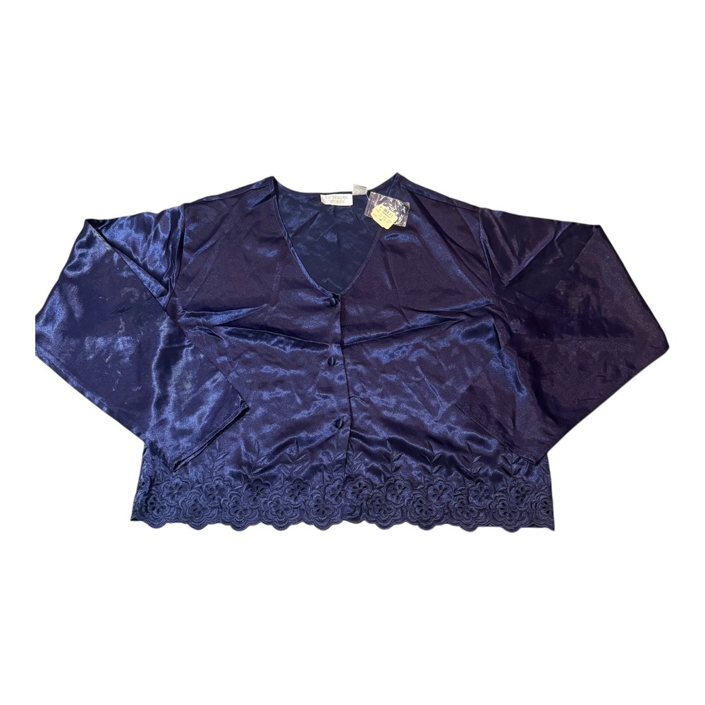 90s Victoria's Secret Navy Blue Satin Lace Trim Button Up Top Blouse Medium‎ NWT